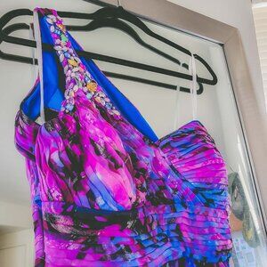 Xscape One Shoulder Purple Rhinestone Dress